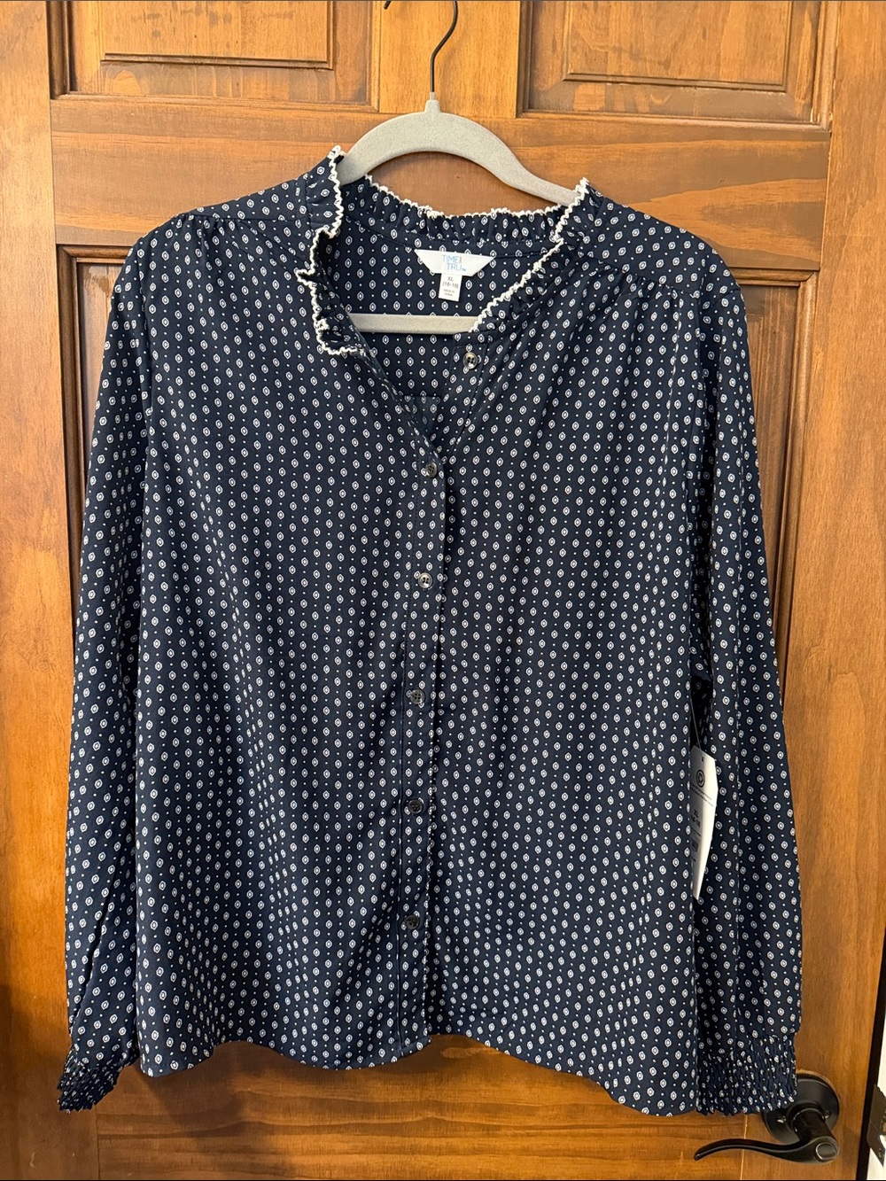 Time and Tru Navy Blouse with White Dot Print and Ruffle Collar